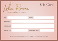 A Lola Room gift card template for a cosmetic medical clinic, featuring a dusty pink background with gold and dark gray text and white fill-in fields for recipient, amount, message, and voucher details.