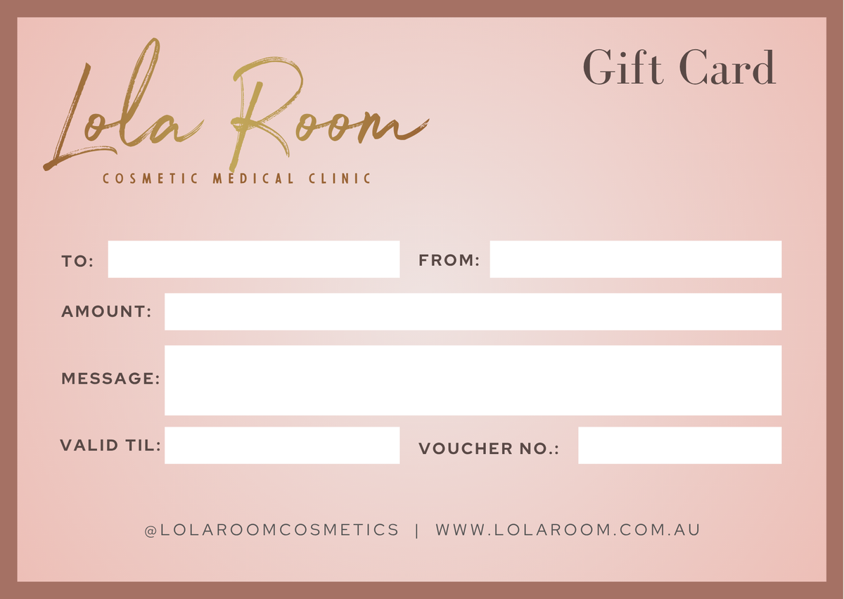 A Lola Room gift card template for a cosmetic medical clinic, featuring a dusty pink background with gold and dark gray text and white fill-in fields for recipient, amount, message, and voucher details.